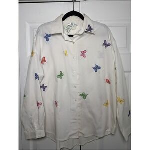 Coconut Row Butterfly Embroidered Shirt Womens Size XL White Button Down Vintage